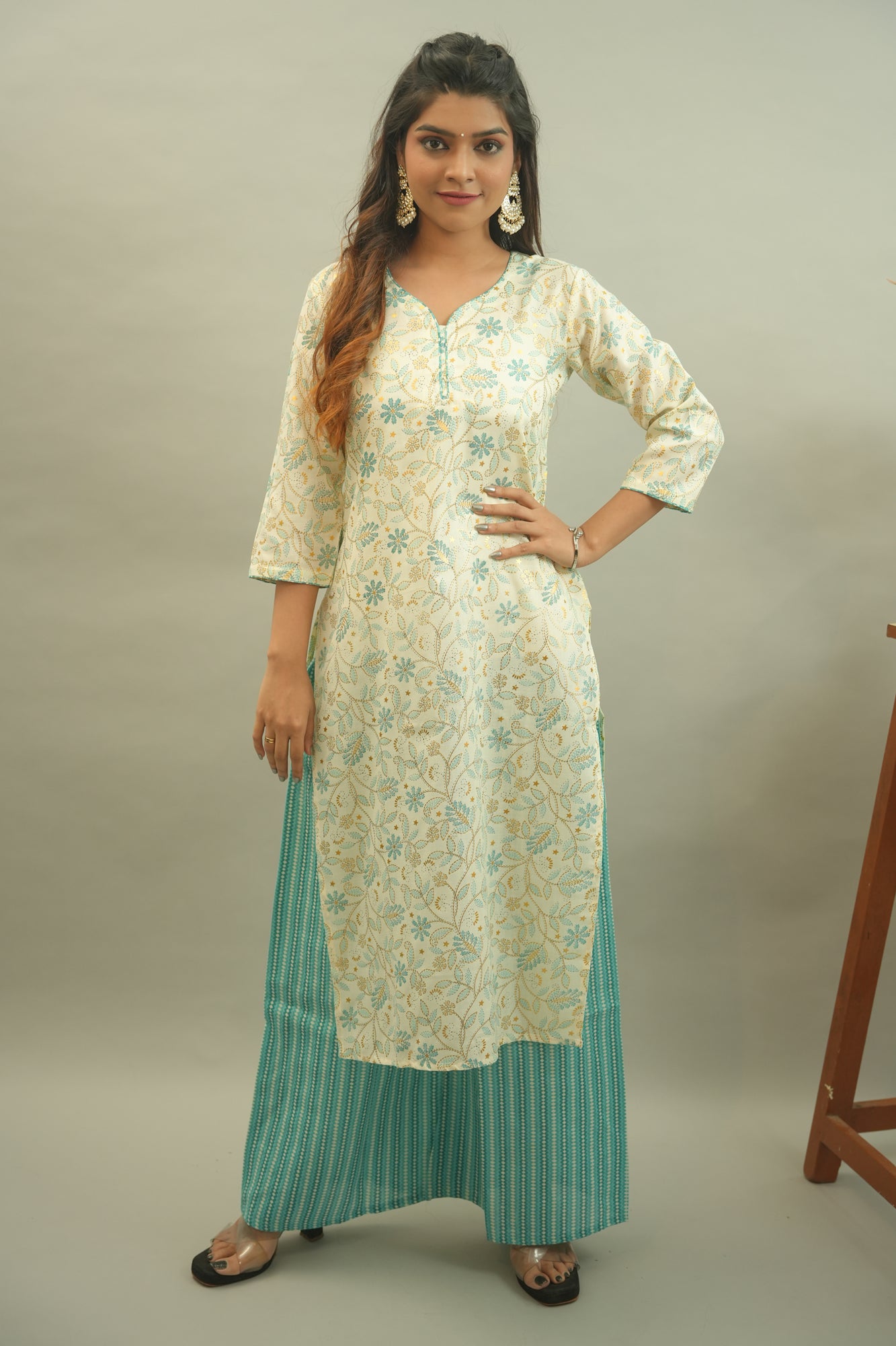 Pastel Blue Green Floral Printed Kurta Palazzo Set- 52319KP