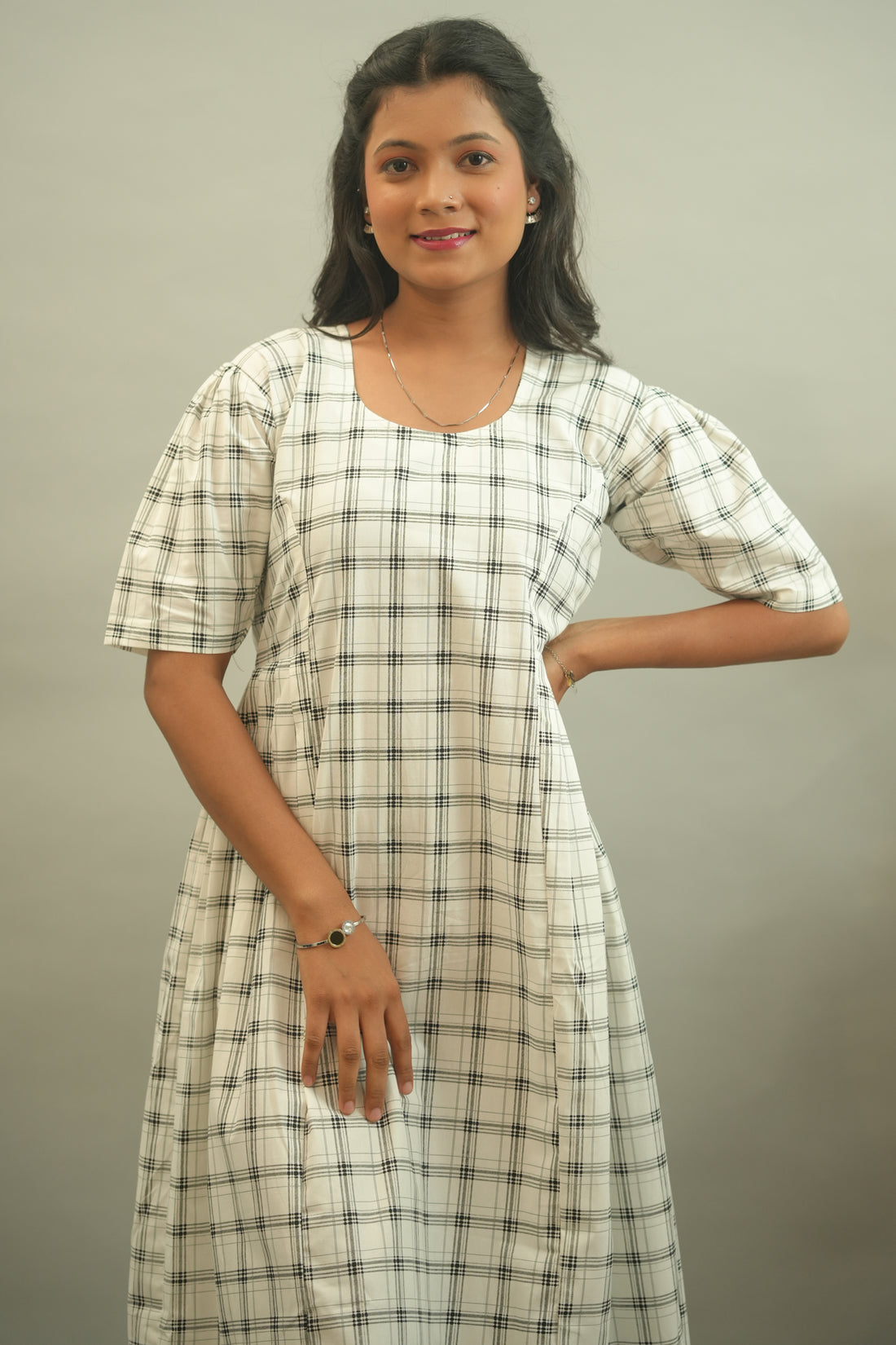 White Black Checks Printed Cotton Dress- 52375D