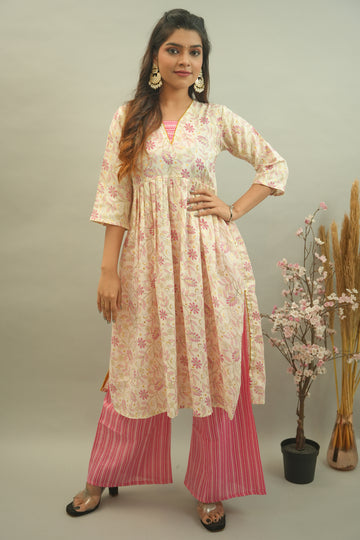 Pink Floral Print Cotton Kurta Palazzo Set- 52317KP