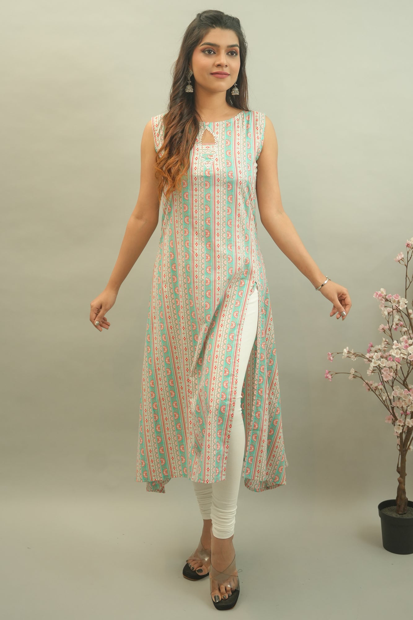 Coral & Mint Colour Floral Printed Cambric Cotton Kurta- 52310k