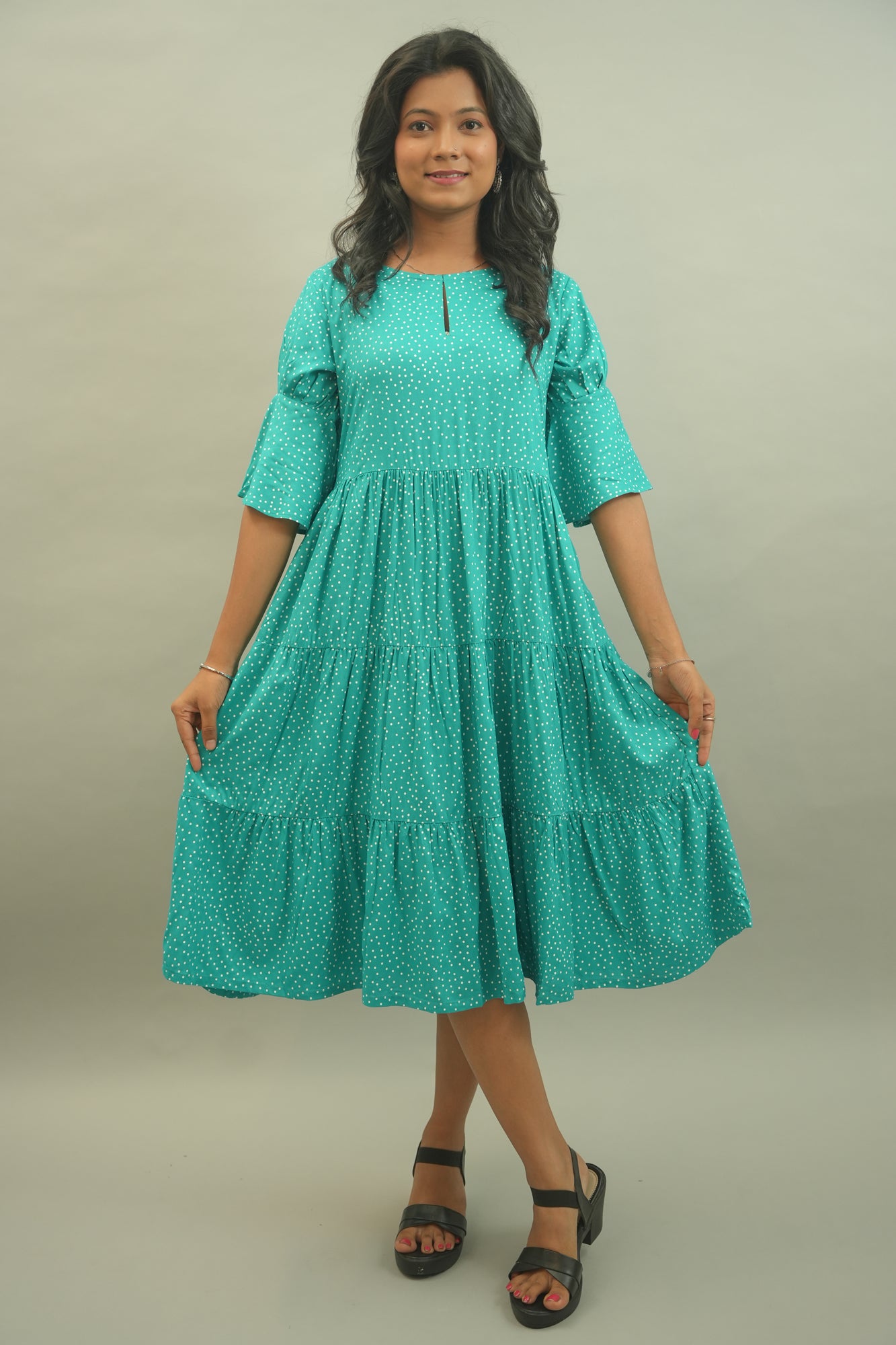 Persian Green Polka Dot Printed Dress - 52393D