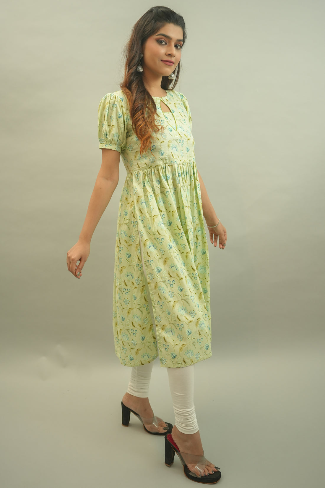 Pastel Green Floral printed Cotton Kurta- 52381K