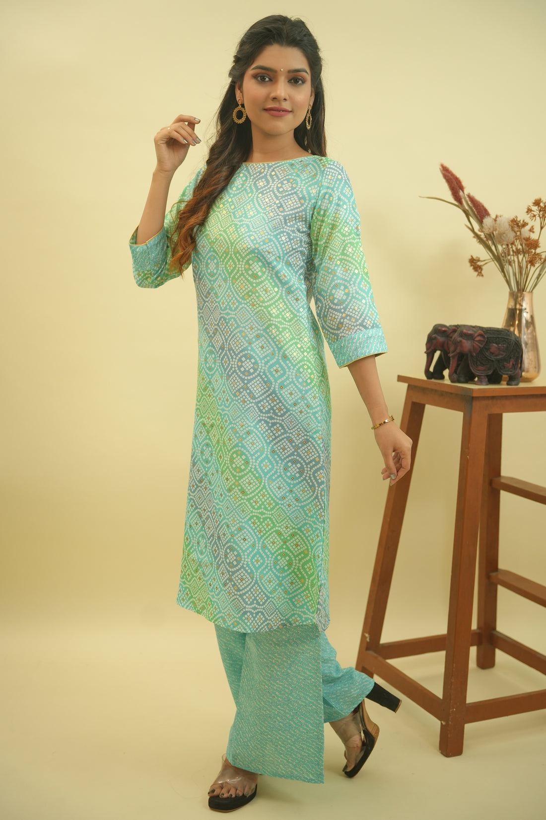 Blue Bandhani Kurta Palazzo Set- 52304KP