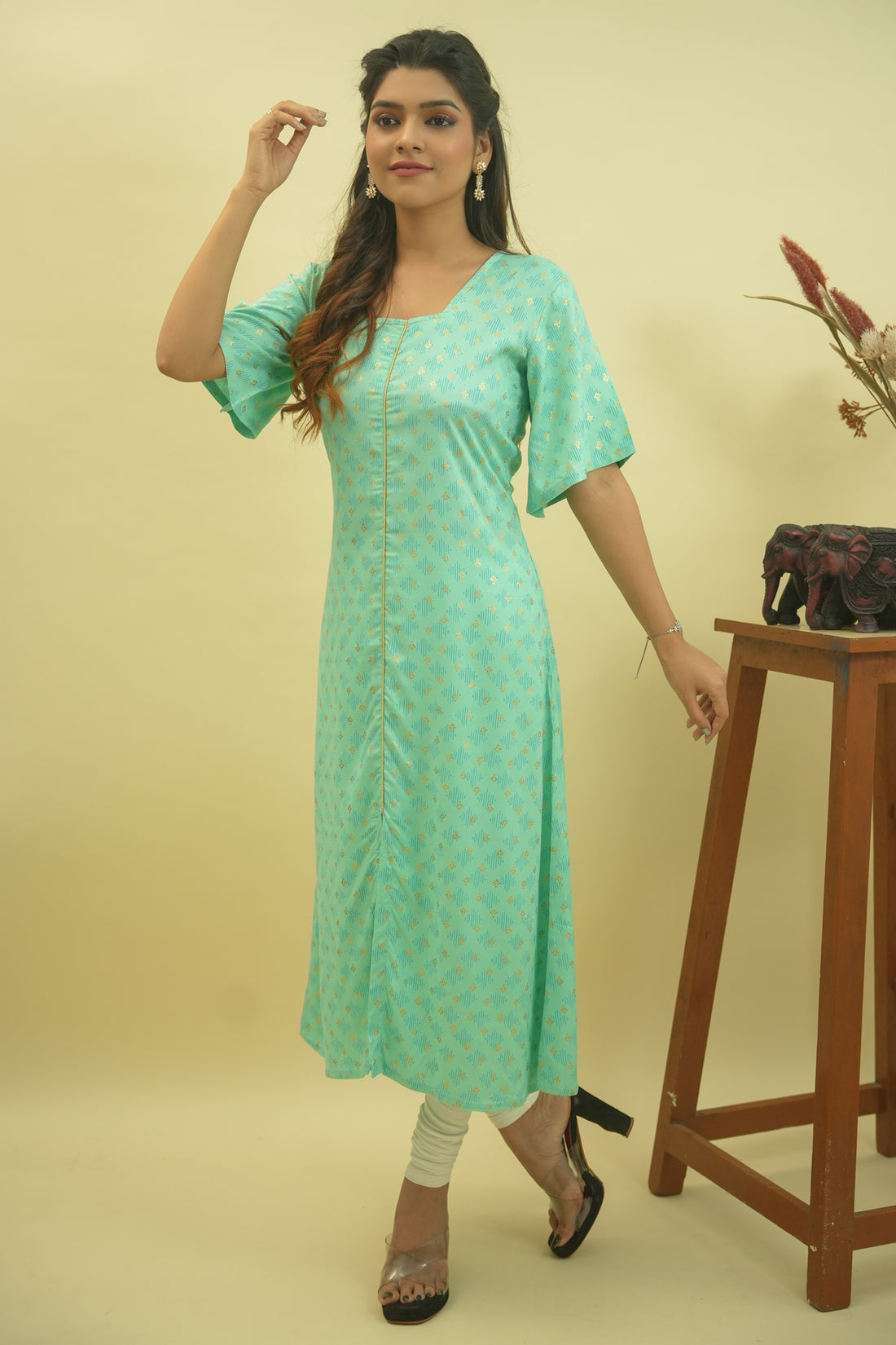 Turquoise Green Golden Printed Cotton Kurta- 52392K