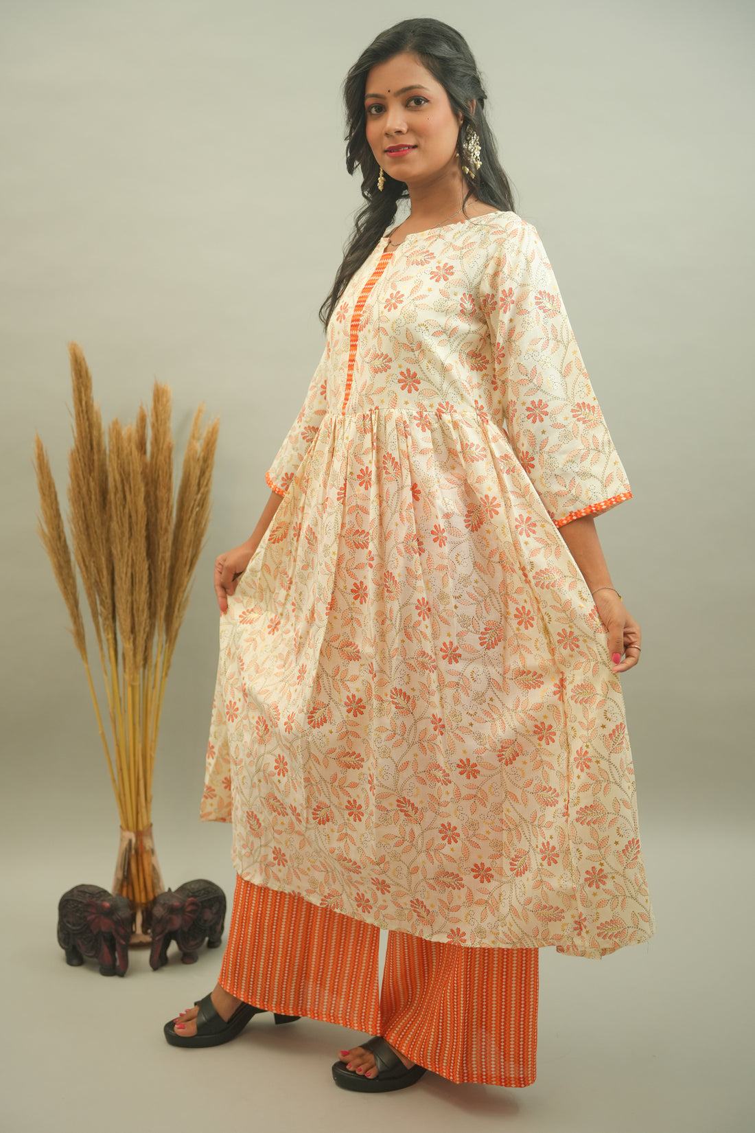 Orange Floral Printed Kurta Palazzo Set - 52316KP