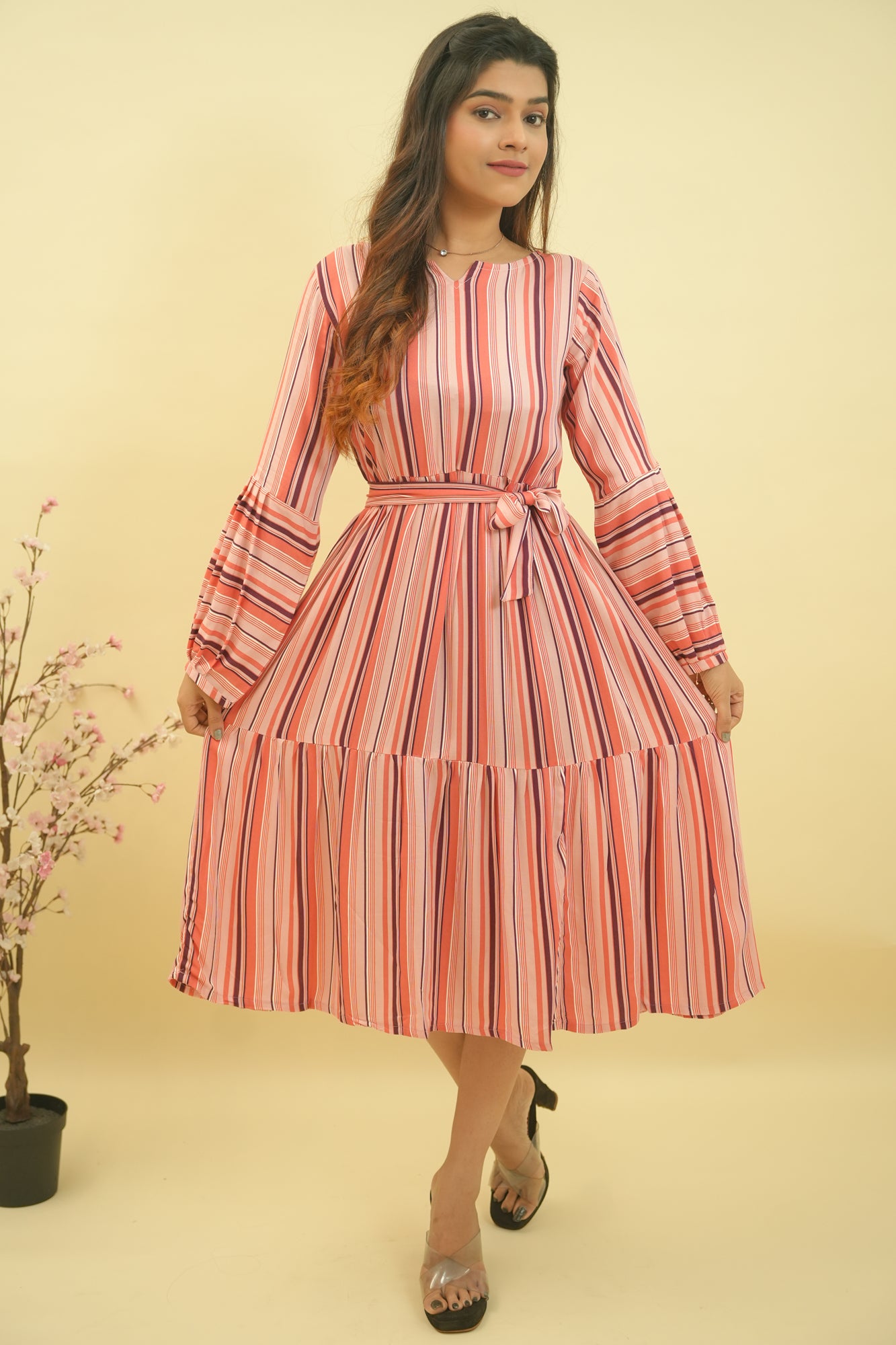 Peach Strip Printed Dress- 52394D