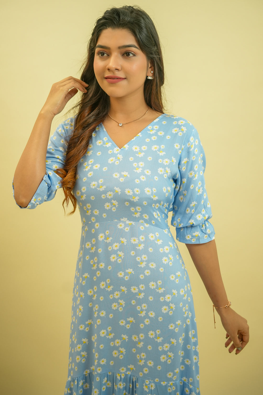 Sky Blue Daisy Printed Cotton Dress - 52386D