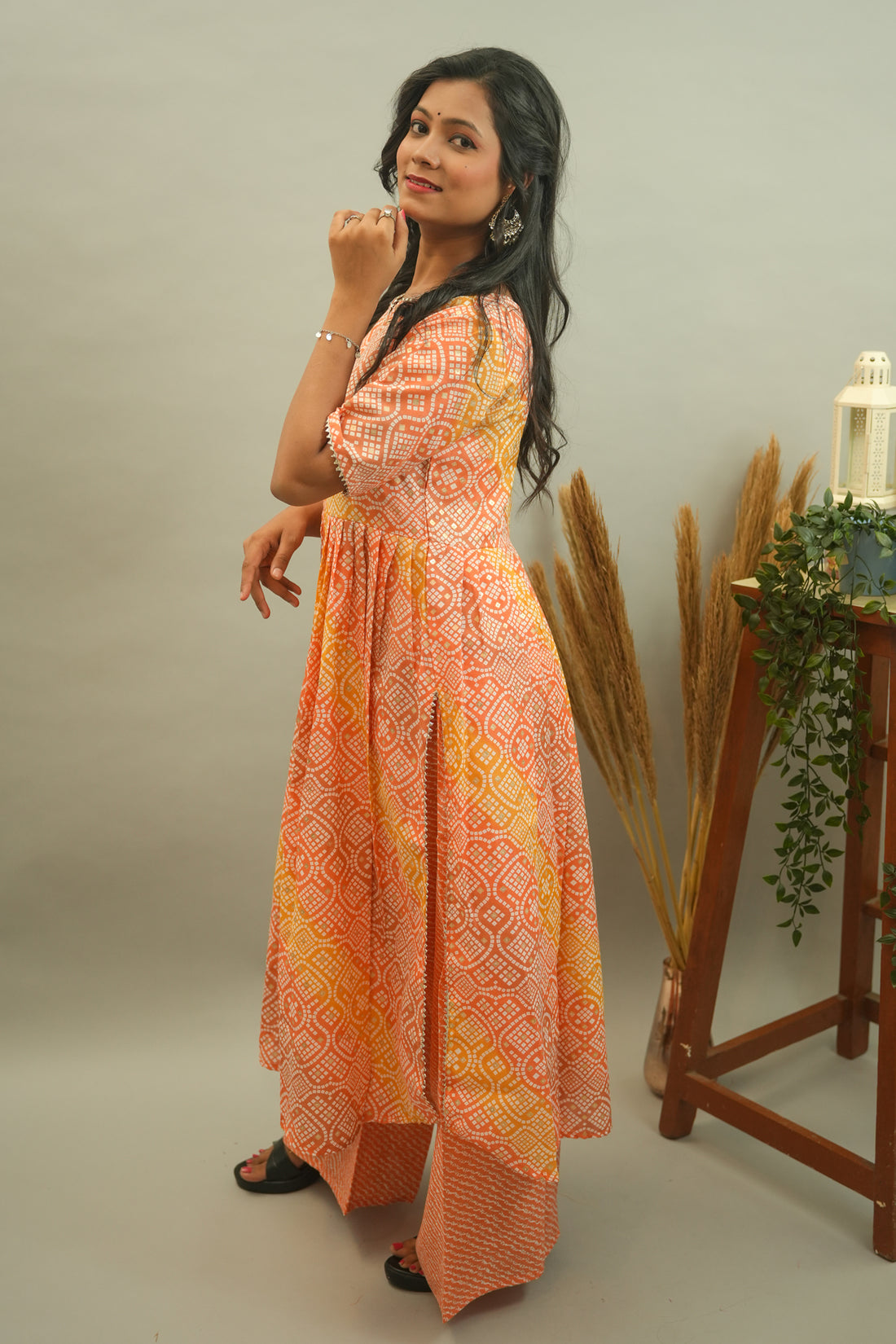 Orange Bandhani Cotton Kurta Palazzo Set - 52301KP