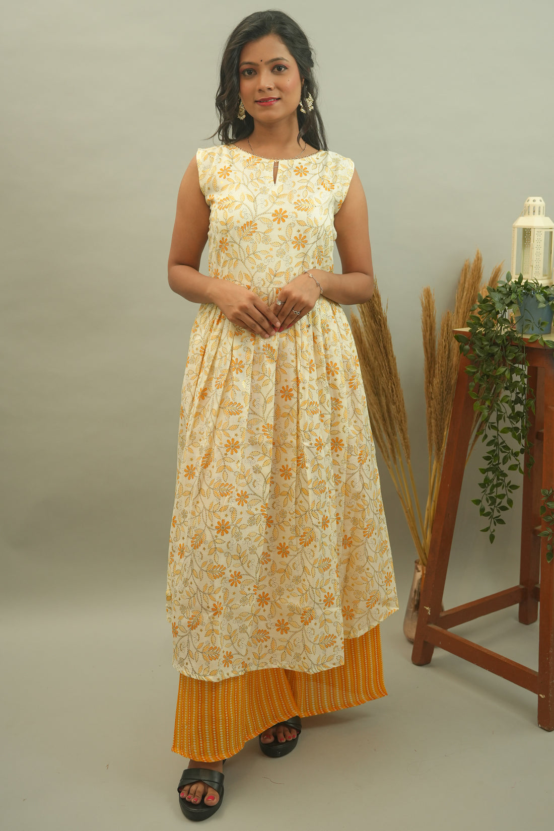 Cream Yellow Floral Printed Cotton Kurta Palazzo Set- 52318KP