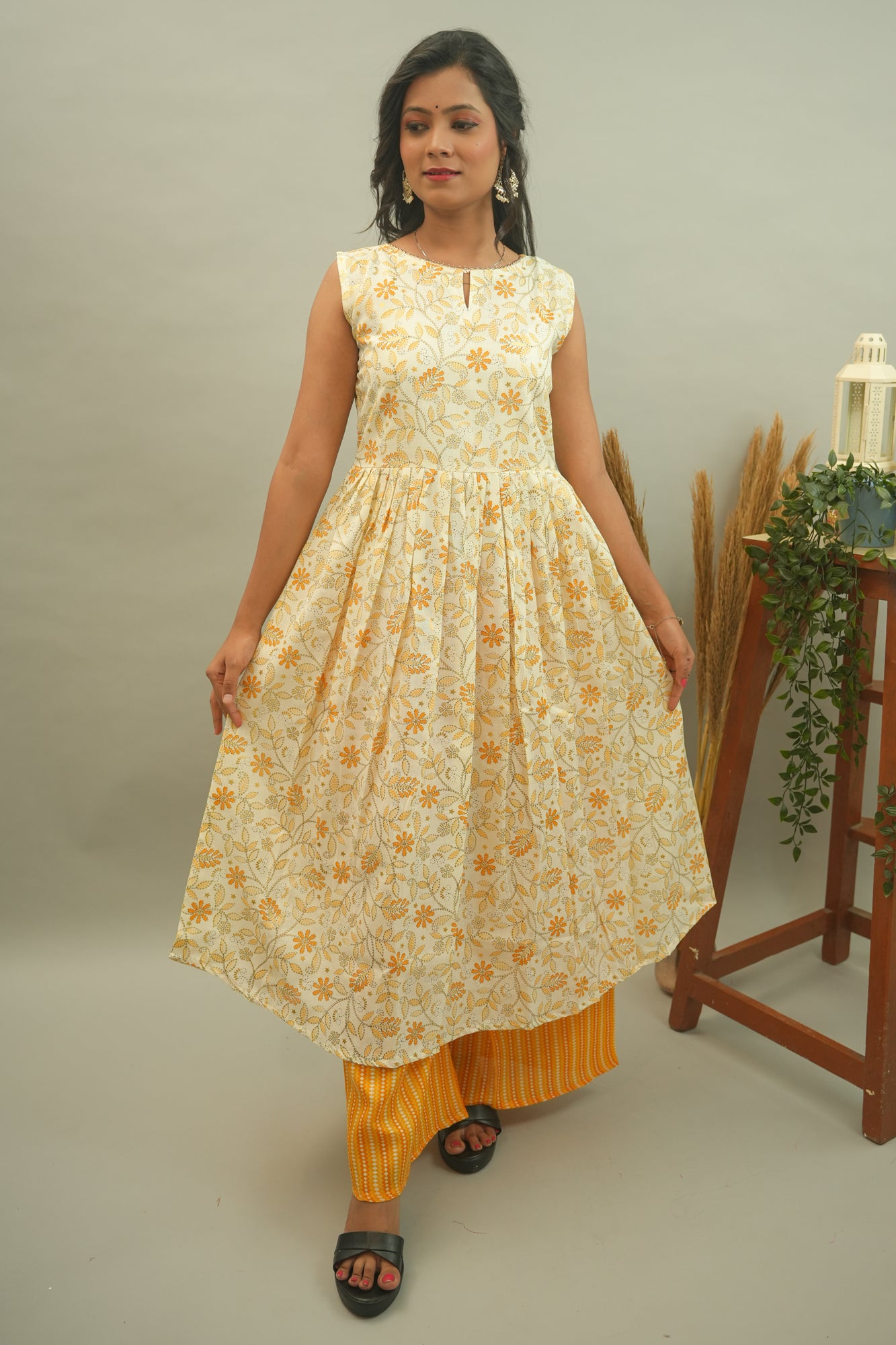 Cream Yellow Floral Printed Cotton Kurta Palazzo Set- 52318KP