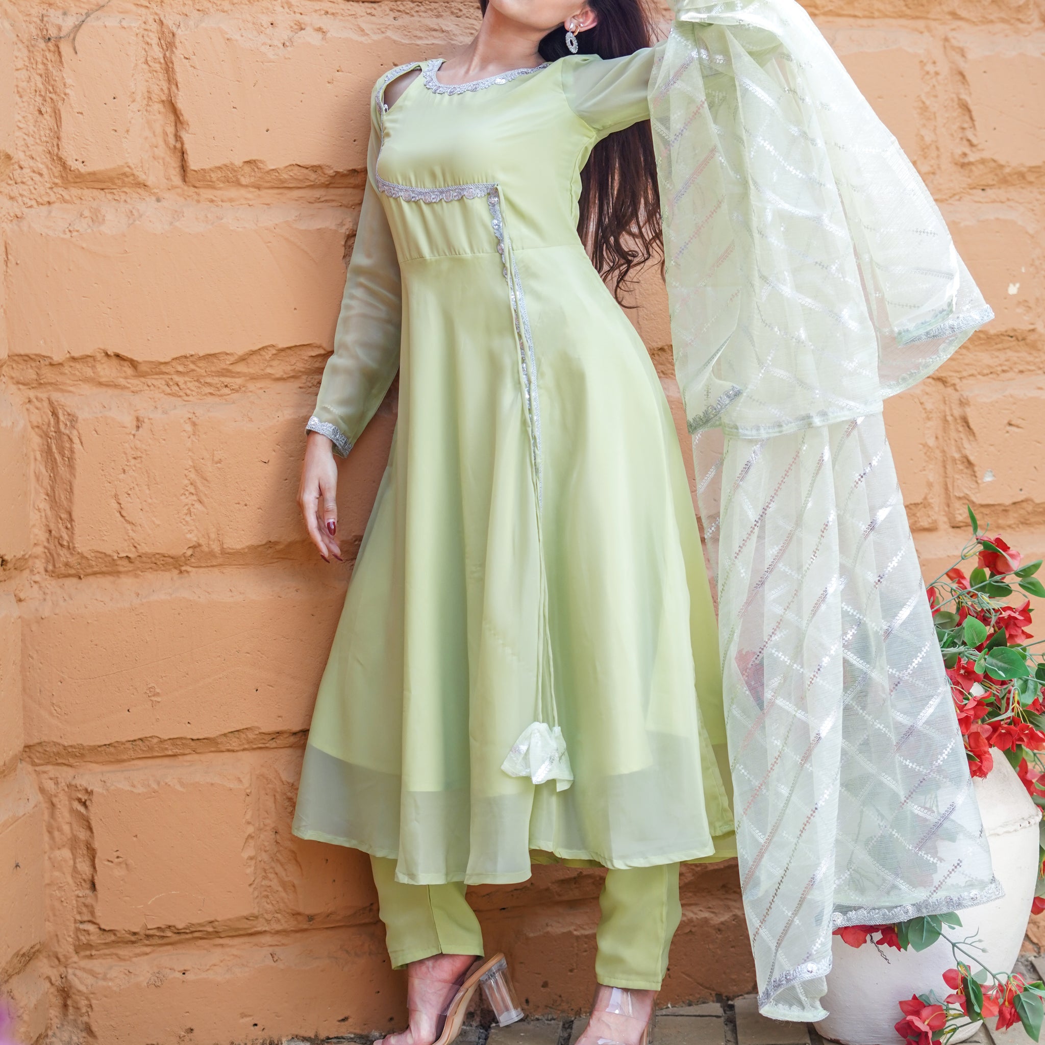 Pista Green Anarkali And Pant With Dupatta - 52466A