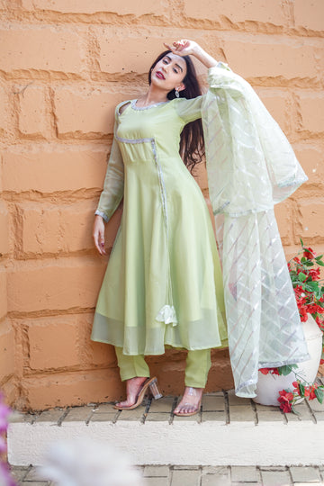 Pista Green Anarkali And Pant With Dupatta - 52466A