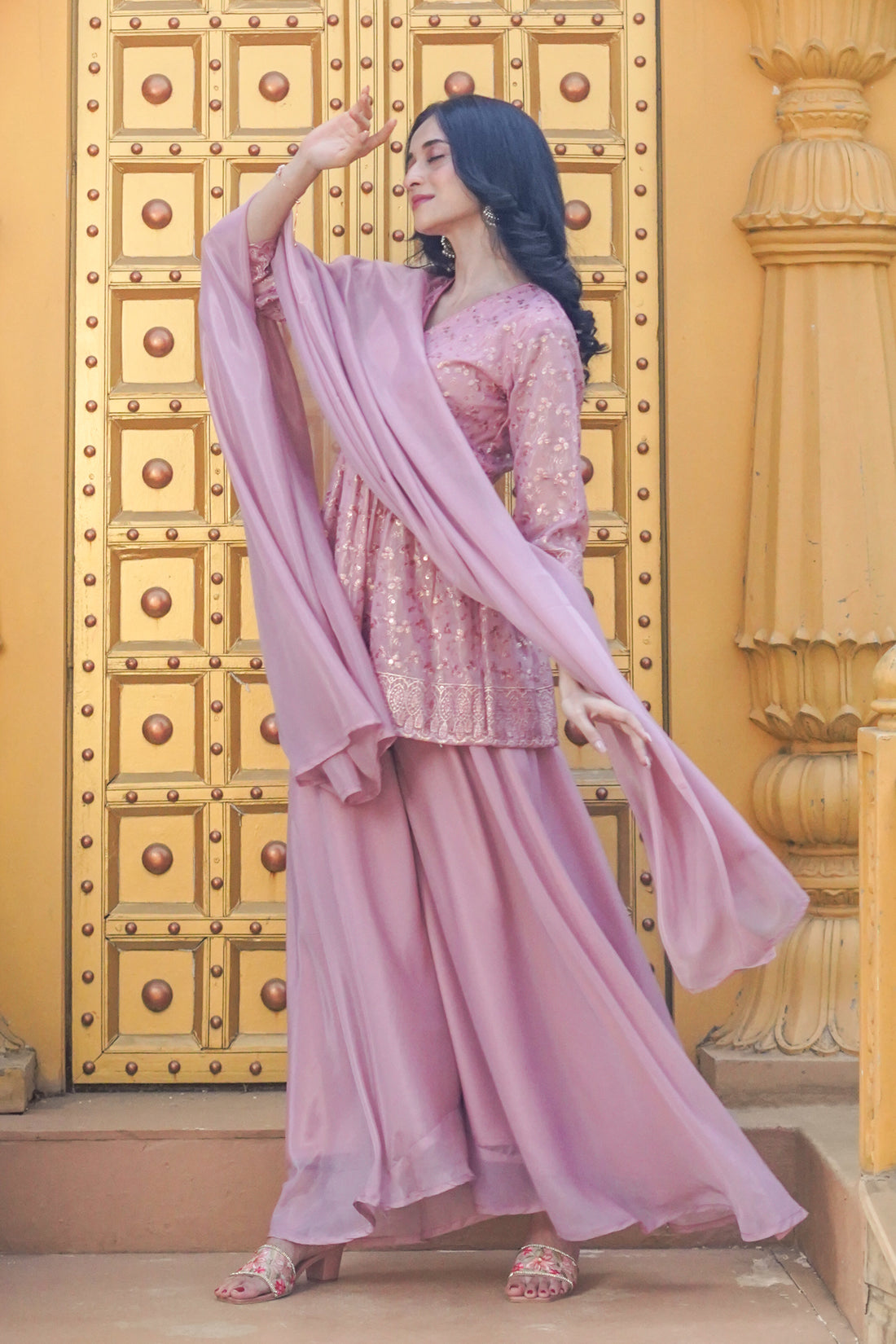 Quartz Pink Embroidered Paplum & Palazzo With Dupatta - 52470A