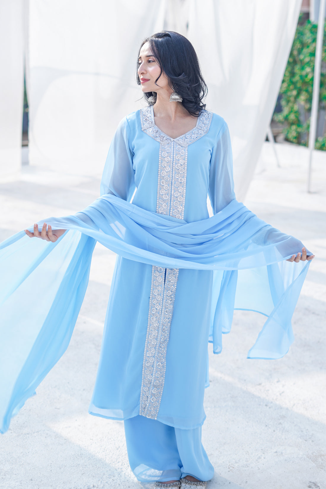 River Blue Colour Silver Border Top With Palazzo and Dupatta - 52491KP