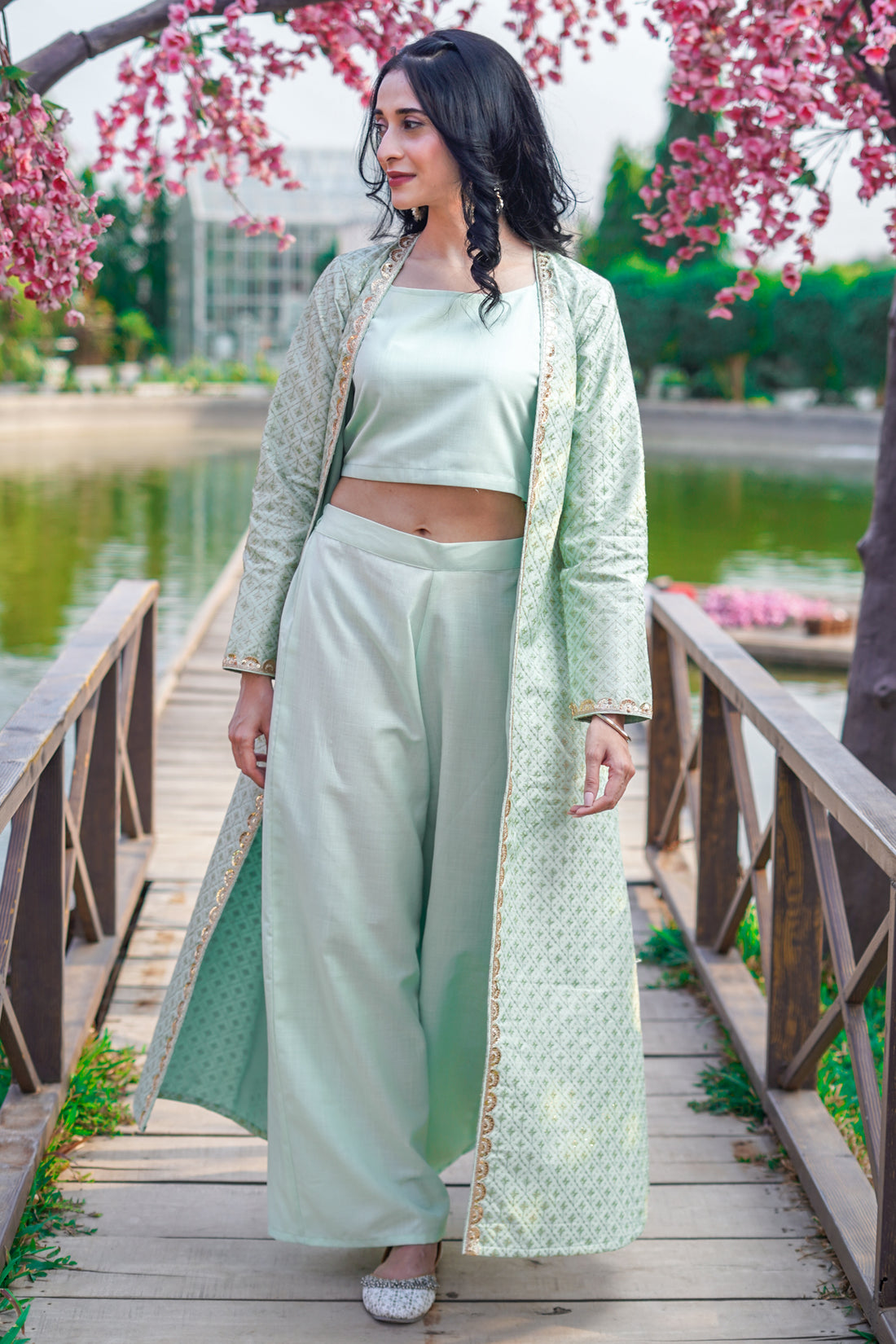 Mint Green Top Palazzo With Embroidered Jacket - 52487KS