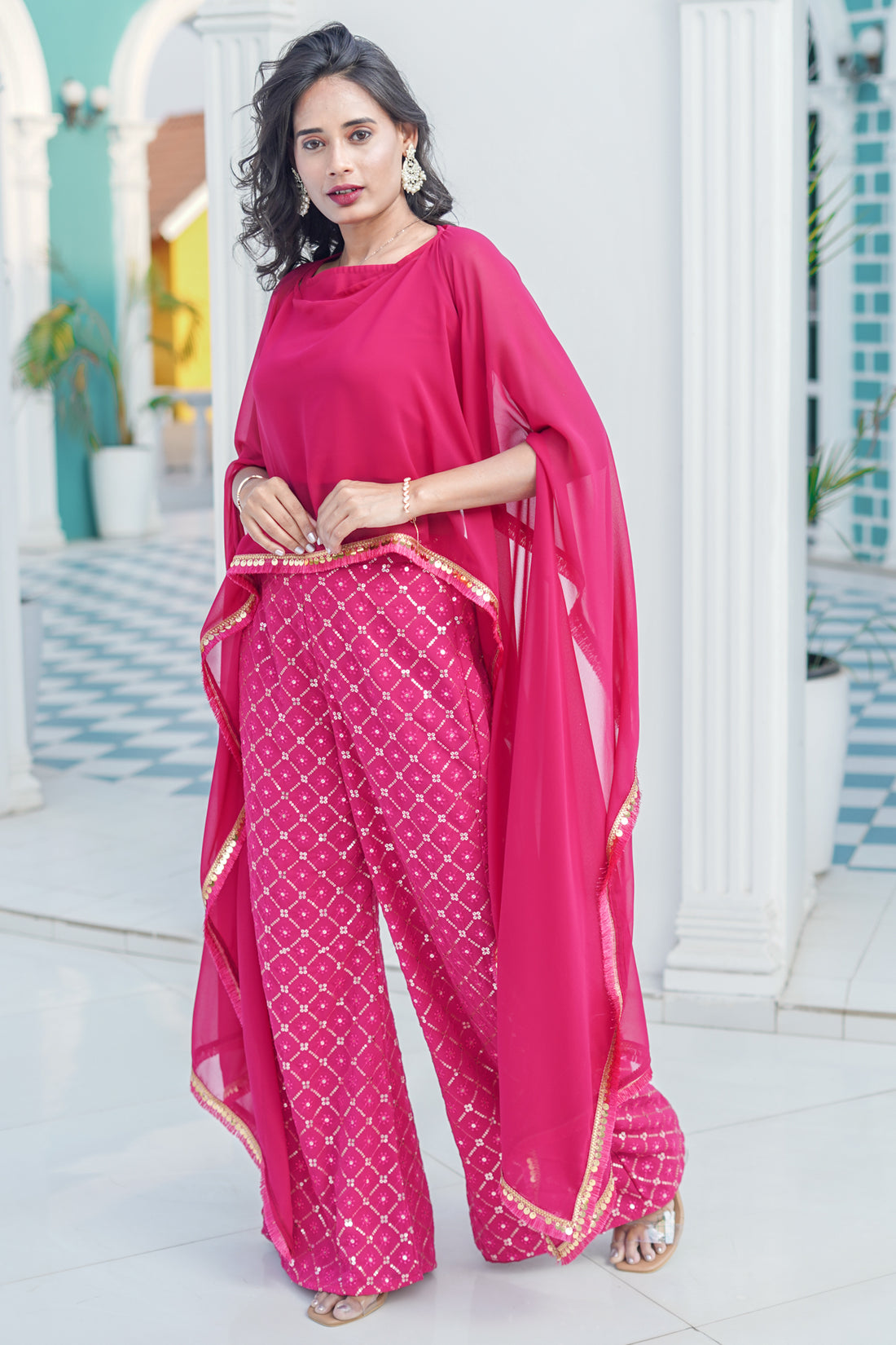 Magenta Pink Crop Top Embroidered Palazzo With Dupatta Style Cape - 52488C