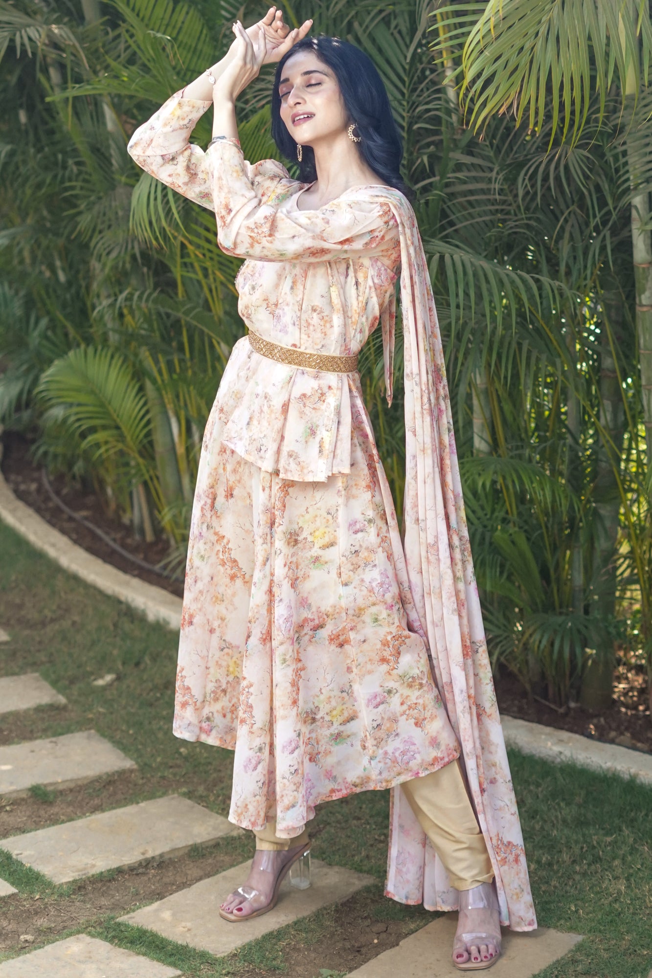 Light Peach Printed Anarkali Dupatta Pant With Embroidered Waist Belt - 52475A