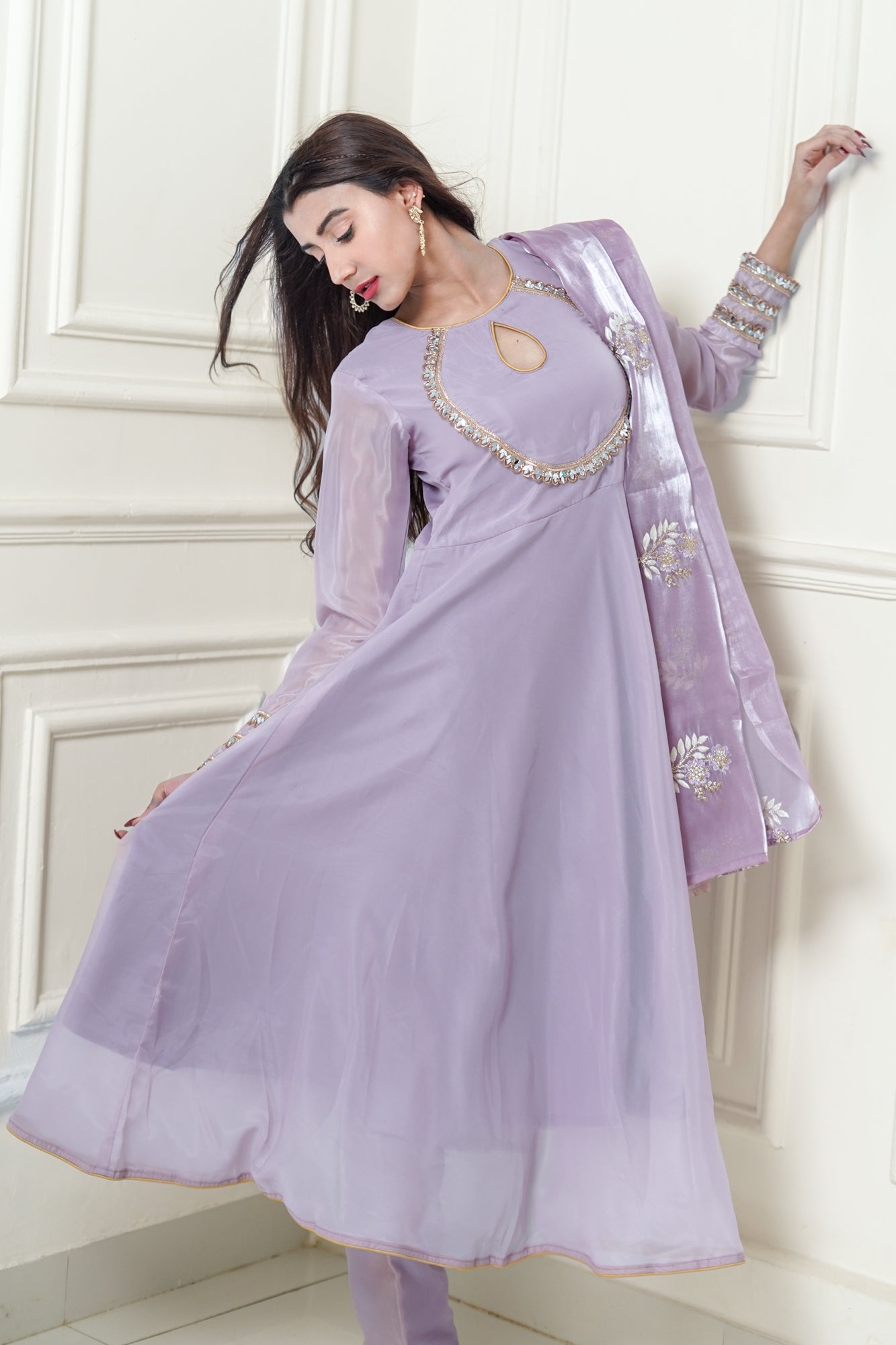 Opera Mauve Anarkali And Pant With Embroidered Organza Dupatta - 52467A