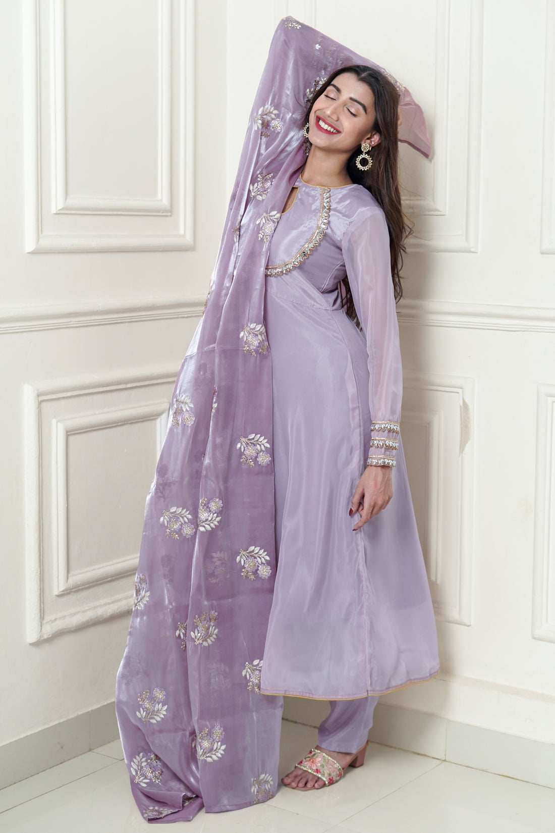 Opera Mauve Anarkali And Pant With Embroidered Organza Dupatta - 52467A