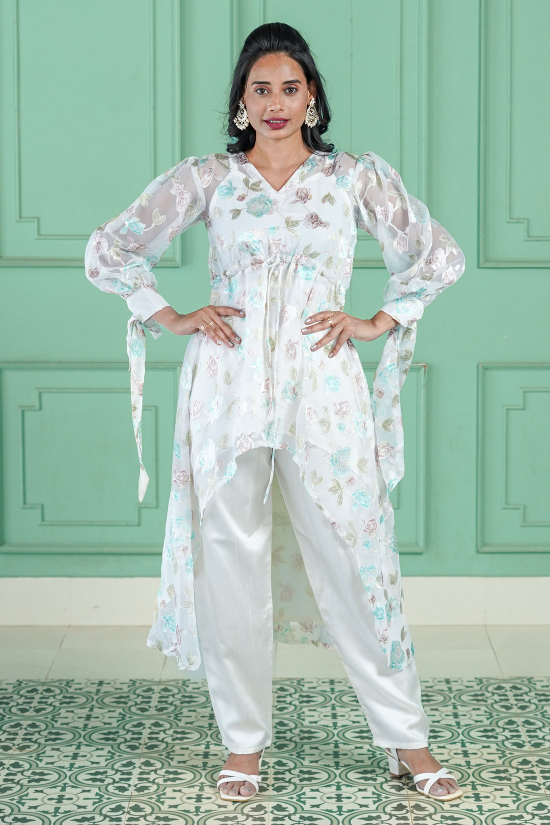 Pearl White Printed High Low Paplam Top With Pant - 52483KP