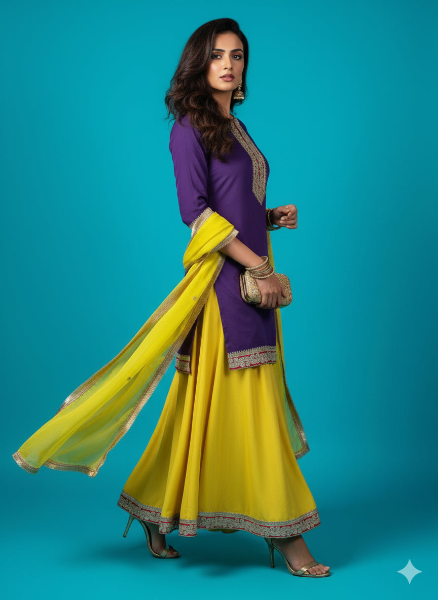 Purple Lace Highlight Kurti with Yellow Flared Pant Set - 52708KS