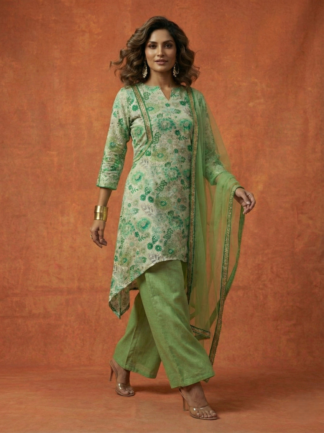 Pista Green Floral High-Low Kurti Set - 52725KS