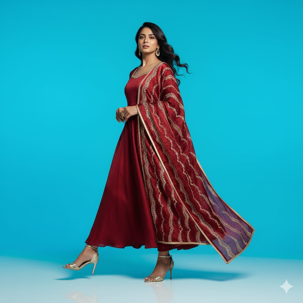 Maroon Floral Scallop Anarkali Set - 52716KS