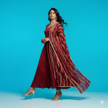 Maroon Floral Scallop Anarkali Set - 52716KS