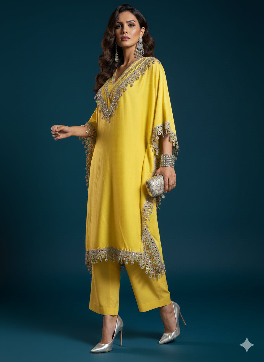 Yellow Mirror Lace Kaftan Set - 52707KS