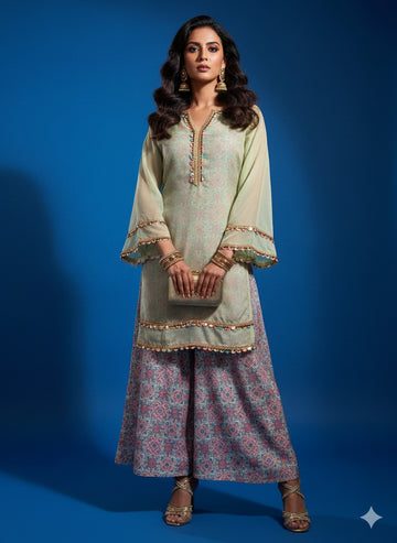 Pista Green Geometric Print Kurti Set - 52712KS