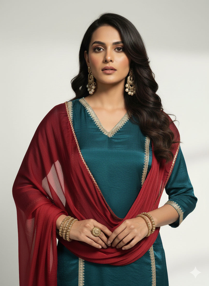 Teal Grace Organza Kurti Set - 52741KS