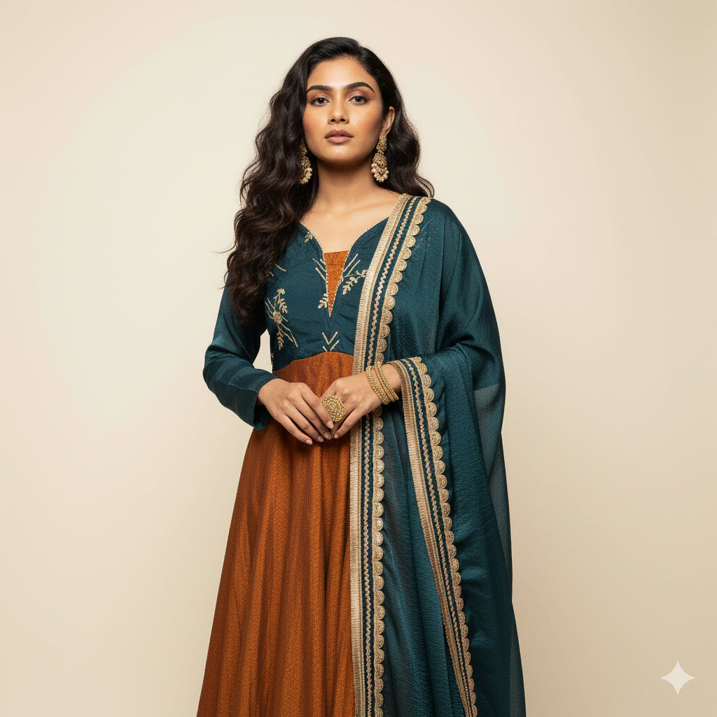 Teal Blue & Antique Gold Floral Motif Anarkali Set - 52711KS