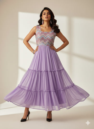 Lavender Elegance Embroidered Dress - 52701D