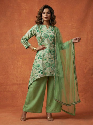 Pista Green Floral High-Low Kurti Set - 52725KS