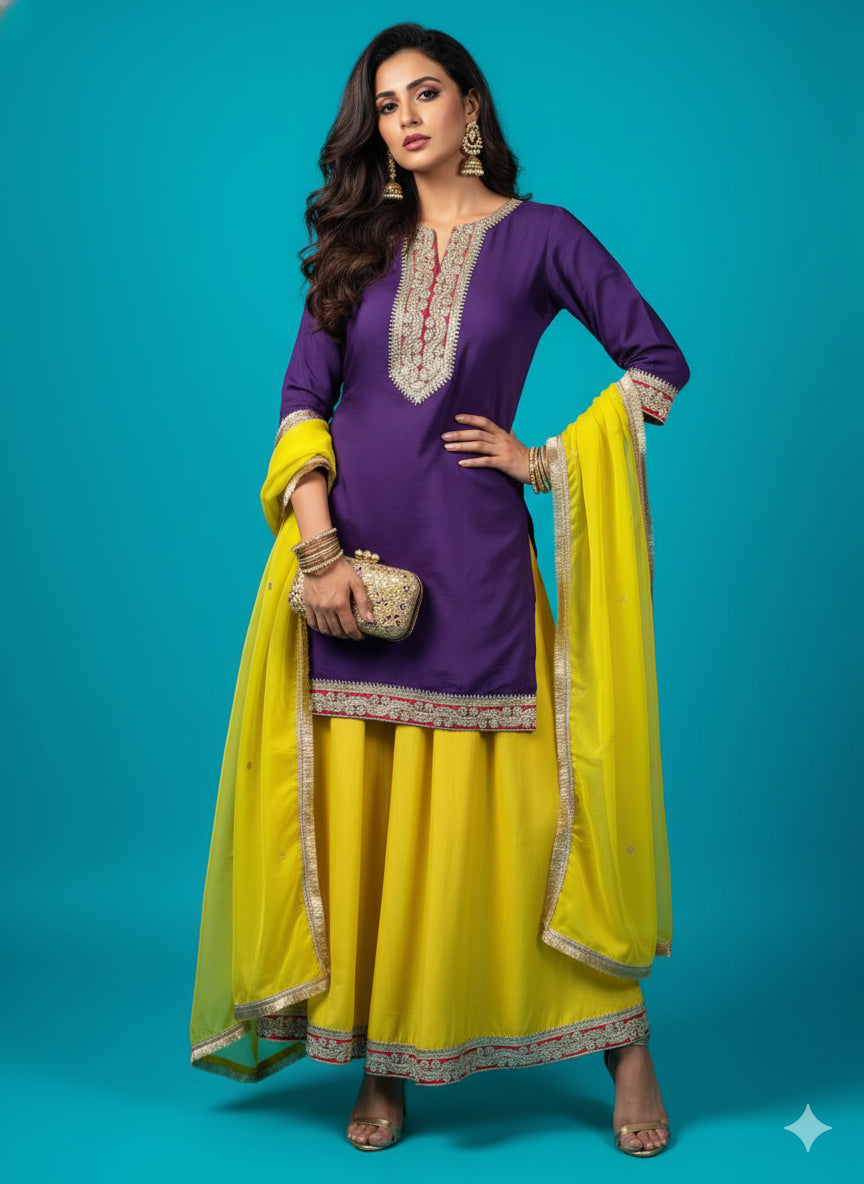 Purple Lace Highlight Kurti with Yellow Flared Pant Set - 52708KS