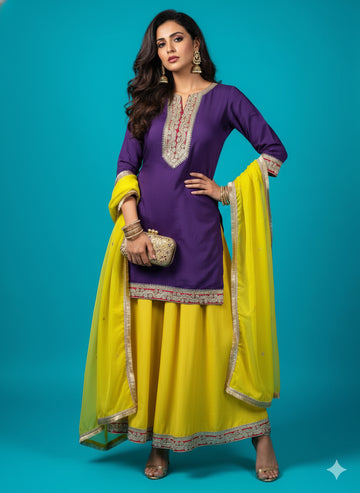 Purple Lace Highlight Kurti with Yellow Flared Pant Set - 52708KS