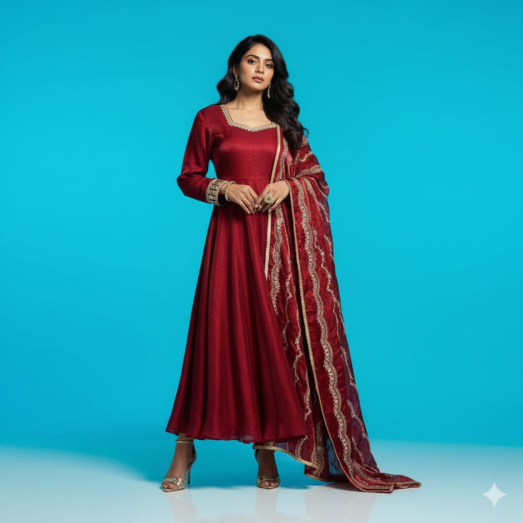 Maroon Floral Scallop Anarkali Set - 52716KS