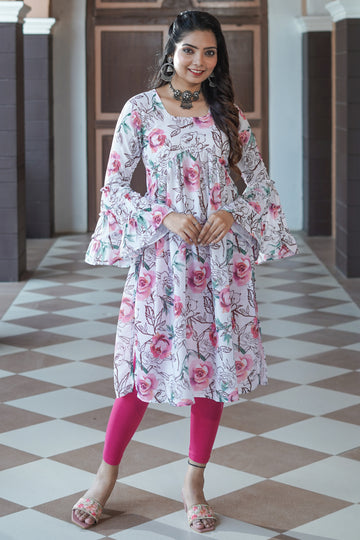 White Floral Printed Silk Kurta - 52444K