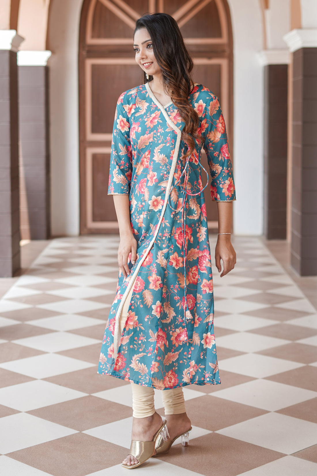 Green Floral Printed Silk Kurta - 52448K