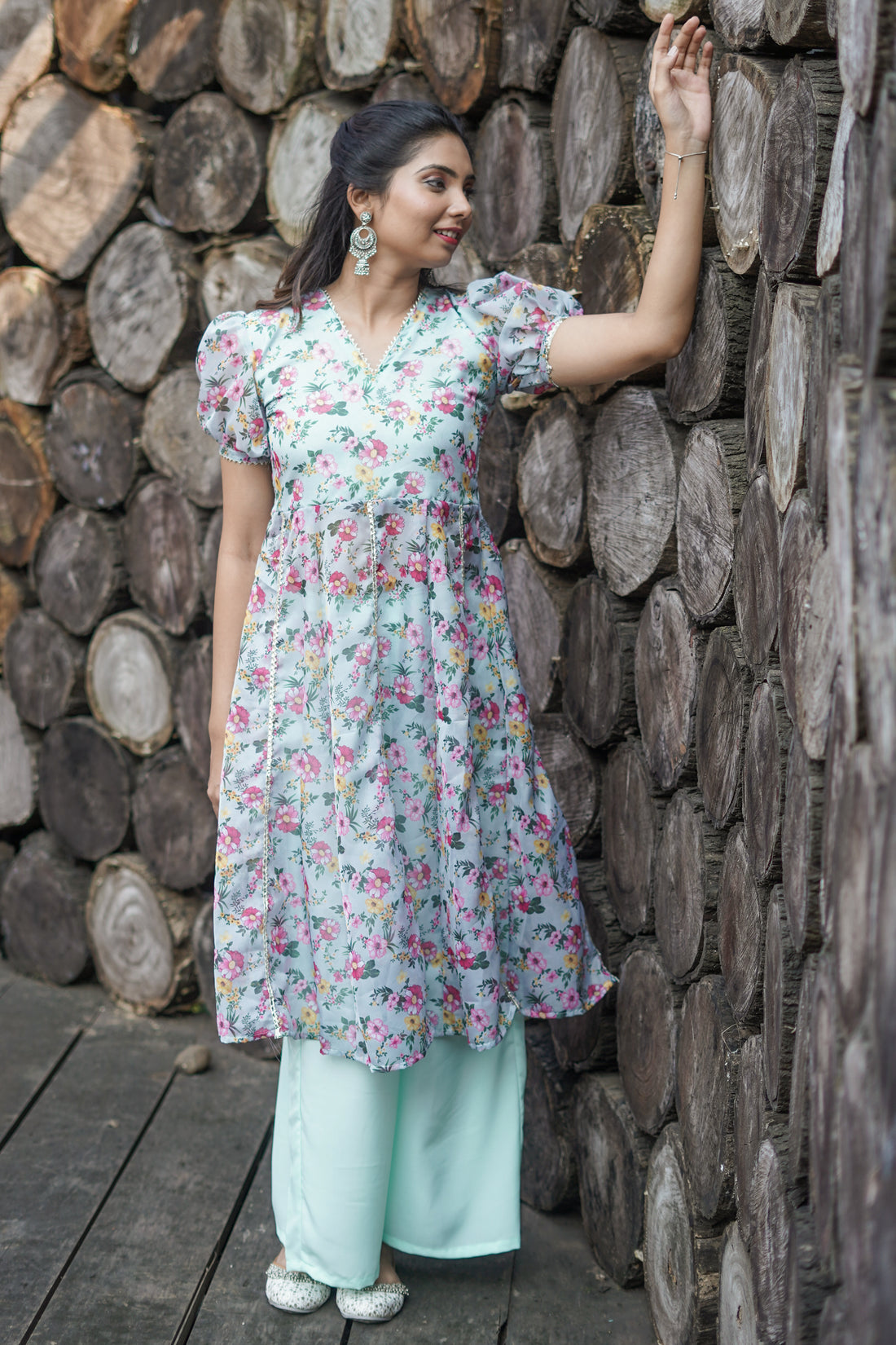 Mint Green Floral Printed Kurta Palazzo Set - 52439KP