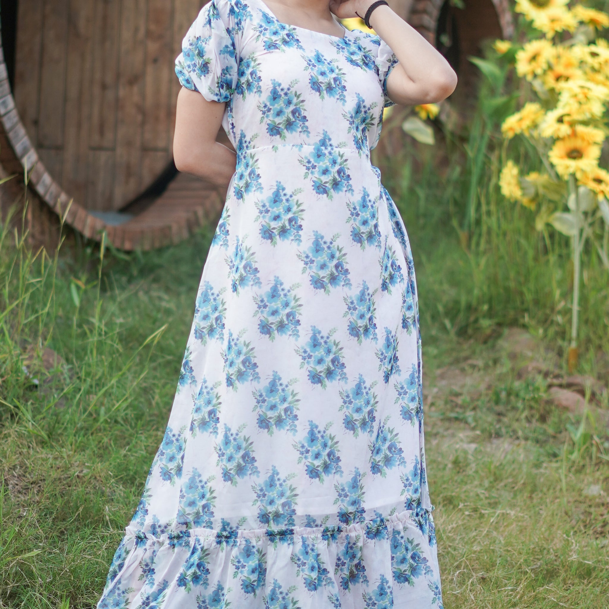 White Blue Floral Printed Gown -52441D