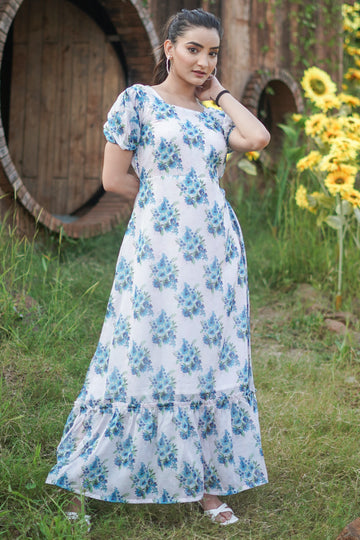 White Blue Floral Printed Gown -52441D