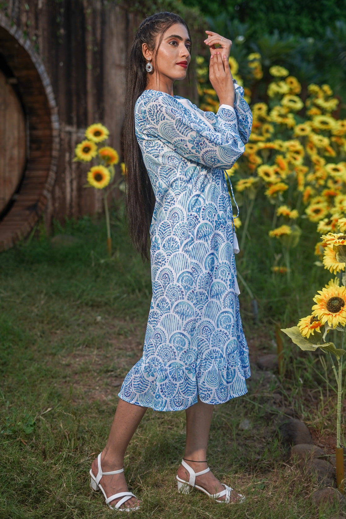 White Light Blue Geometric Floral Printed Dress -52434D