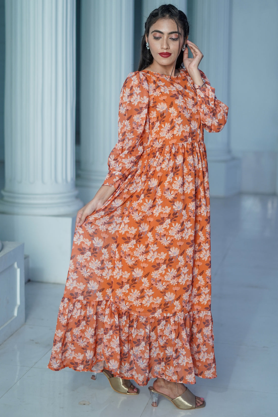 Brownish Orange Floral Printed Dress -52438D