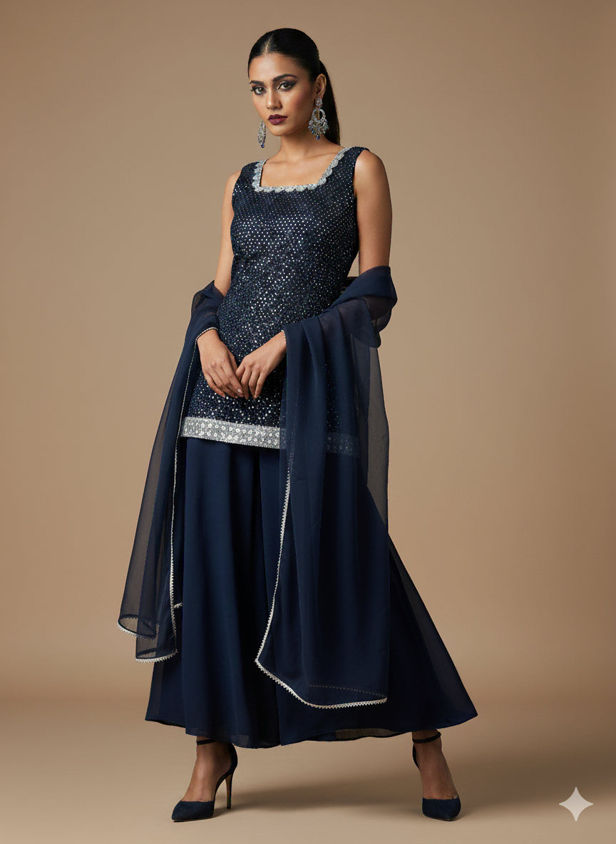 Navy Blue Sequin Embroidered Kurti Set - 52740KS