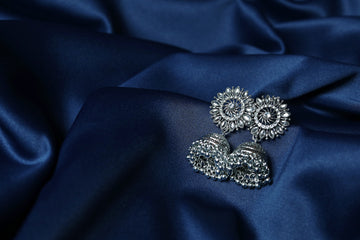 Silver Plated Kundan Oxidised Jhumka Earrings - ER5056