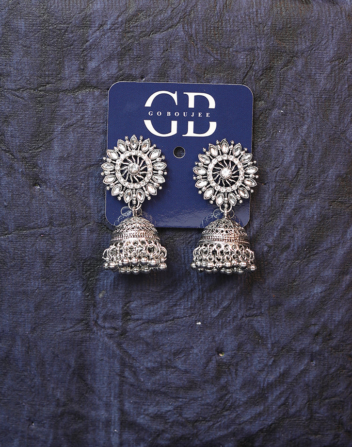 Silver Plated Kundan Oxidised Jhumka Earrings - ER5056